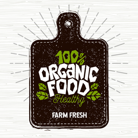 Organic food logo, farm fresh food label, cutting board, rays, wood, elements, emblem for eco shop, restaurants, organic products stock vector illustrationの写真素材