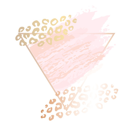 Golden leopard skin pink art frames. Modern card design, brush stroke, gold, premium invitation template. Pastel rose colors brush strokes, pink gold contour square frame. Abstract background.の写真素材