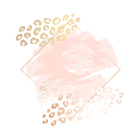 Golden leopard skin pink art frames. Modern card design, brush stroke, gold, premium invitation template. Pastel rose colors brush strokes, pink gold contour square frame. Abstract background.の写真素材