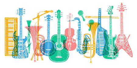 Musical instruments, guitar, fiddle, violin, clarinet, banjo, trombone, trumpet, saxophone, sax, music lover slogan graphic for t shirt design posters prints.の写真素材