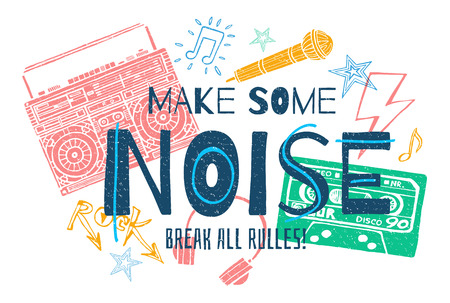 Music slogan graphic for t shirt design posters retro prints. Radio, headphones, microphone, notes, rock and roll, musical party. Hand drawn vector illustration.のイラスト素材