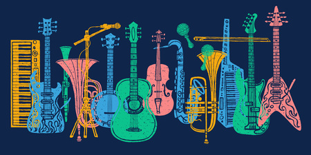 Musical instruments, guitar, fiddle, violin, clarinet, banjo, trombone, trumpet, saxophone, sax, music lover slogan graphic for t shirt design posters prints.のイラスト素材