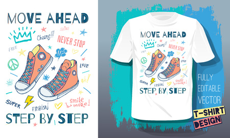 Move ahead, ever stop, step by step motivational slogan sneakers for t-shirt.のイラスト素材