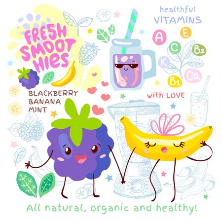 Fresh smoothie recipe cute  characters. Fruits ingredients glass jar vitamin funny style.のイラスト素材