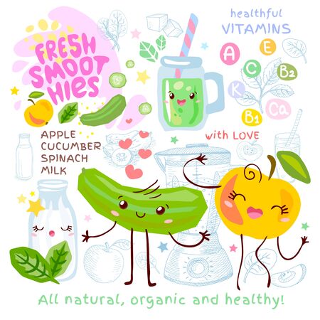 Fresh smoothie recipe cute  characters.のイラスト素材