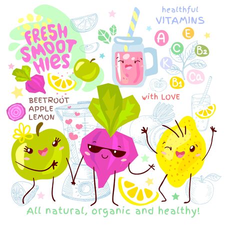 Fresh smoothie recipe cute  charactersのイラスト素材