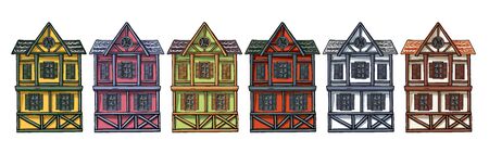 Colorful German houses cartoon collection urban landscape front view of European city street building facades.のイラスト素材