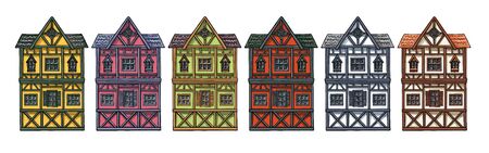 Colorful german houses cartoon collection urban landscape front view of European city street building facades.のイラスト素材