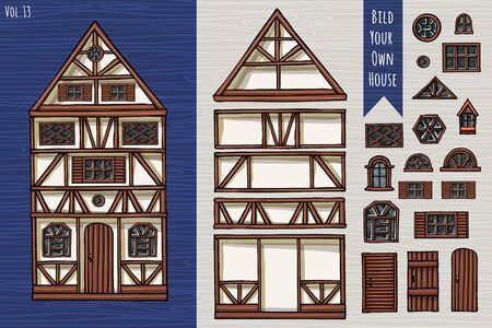 German houses, collection of elements, itemset, roof, windows, doors. Fahverk architecture cute style for postcard design posters background game children books. Hand drawn vector illustration.のイラスト素材