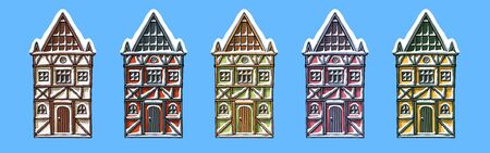 Colorful german houses cartoon collection urban landscape front view of European city street building facades. Winter snow seasons. Hand drawn vector illustration sketch style.のイラスト素材