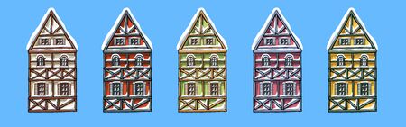 Colorful german houses cartoon collection urban landscape front view of European city street building facades.のイラスト素材