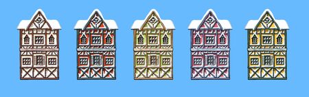 Colorful german houses cartoon collection urban landscape front view of European city street building facades. Winter snow seasons. Hand drawn vector illustration sketch style.のイラスト素材