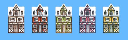 Colorful german houses cartoon collection urban landscape front view of European city street building facades. Winter snow seasons. Hand drawn vector illustration sketch style.のイラスト素材