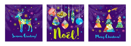 Noel lettering seasons greeting card. Merry Christmas tree branch colorful deer decor. New Year ornamental decoration snowflakes design pattern, packaging, cover, banner.のイラスト素材