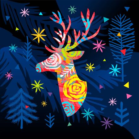New Year forest landscape colorful ornament deer greeting cards.のイラスト素材