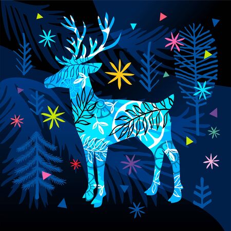 New Year forest landscape colorful ornament deer greeting cards.のイラスト素材