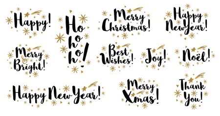 Noel Merry Christmas, Happy New Year brush stroke typography emblems lettering logo text greeting cards.のイラスト素材
