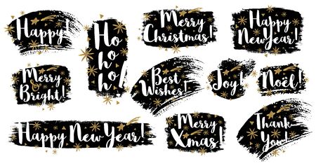 Noel Merry Christmas, Happy New Year brush stroke typography emblems lettering logo text greeting cards.のイラスト素材