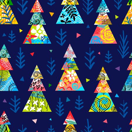 Christmas tree colorful seamless pattern stars snowflakes.のイラスト素材