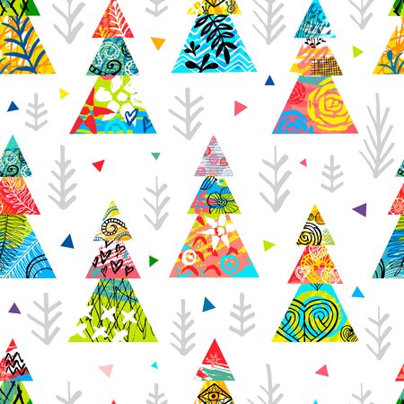 Christmas tree colorful seamless pattern stars snowflakes.のイラスト素材