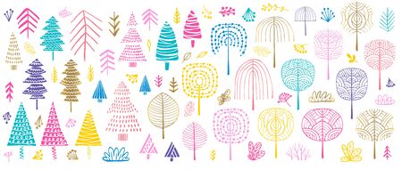 Tree Christmas tree bushes forest color golden brush strokes sketch markers pen. Floral leaf different plants bush collection. Hand drawn vector illustration.のイラスト素材