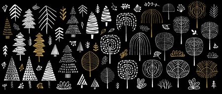 Tree Christmas tree bushes forest color golden brush strokes sketch markers pen. Floral leaf different plants bush collection. Hand drawn vector illustration.のイラスト素材