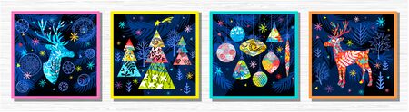 Happy New Year, Merry Christmas, Noel colorful greeting banner. Christmas tree branches decoration ball snowflakes frost stars deer ornament pattern. Hand drawn vector illustration.のイラスト素材