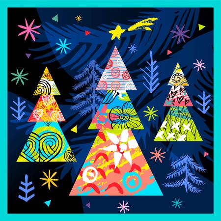 Happy New Year, Merry Christmas, Noel colorful greeting banner. Christmas tree branches decoration ball snowflakes frost stars forest ornament pattern. Hand drawn vector illustration.のイラスト素材