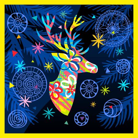 Happy New Year, Merry Christmas, Noel colorful greeting banner. Christmas tree branches decoration ball snowflakes frost stars forest deer ornament pattern. Hand drawn vector illustration.のイラスト素材