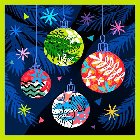Happy New Year, Merry Christmas, Noel colorful greeting banner. Christmas tree branches decoration ball snowflakes frost stars forest ornament pattern. Hand drawn vector illustration.のイラスト素材