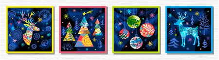 Happy New Year, Merry Christmas, Noel colorful greeting banner. Christmas tree branches decoration ball snowflakes frost stars deer ornament pattern. Hand drawn vector illustration.のイラスト素材