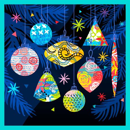 Happy New Year, Merry Christmas, Noel colorful greeting banner. Christmas tree branches decoration ball snowflakes frost stars forest ornament pattern. Hand drawn vector illustration.のイラスト素材