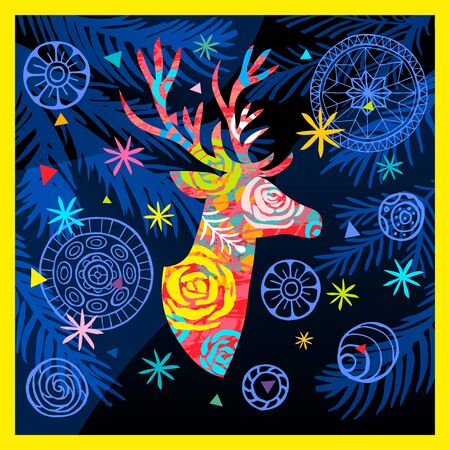 Happy New Year, Merry Christmas, Noel colorful greeting banner. Christmas tree branches decoration ball snowflakes frost stars forest deer ornament pattern. Hand drawn vector illustration.のイラスト素材