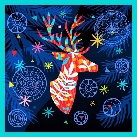 Happy New Year, Merry Christmas, Noel colorful greeting banner. Christmas tree branches decoration ball snowflakes frost stars forest deer ornament pattern. Hand drawn vector illustration.のイラスト素材