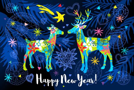 Happy New Year lettering greeting card. Christmas tree branch colorful deer decor. Seasons decoration snowflakes design pattern, packaging, cover, banner. Hand drawn vector illustration.のイラスト素材