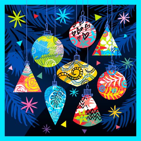 Happy New Year, Merry Christmas, Noel colorful greeting banner. Christmas tree branches decoration ball snowflakes frost stars forest ornament pattern. Hand drawn vector illustration.のイラスト素材