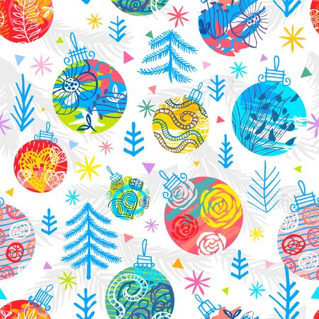 Seamless pattern Christmas ball, Christmas tree decoration, forest stars snowflakesのイラスト素材