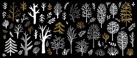Tree Christmas tree bushes forest color golden brush strokes sketch markers pen. Floral leaf different plants bush collection. Hand drawn vector illustration.のイラスト素材