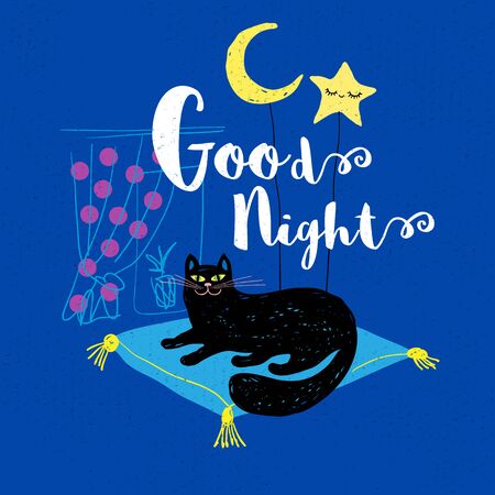 Good night cute smile black cat with moon and cute star.のイラスト素材