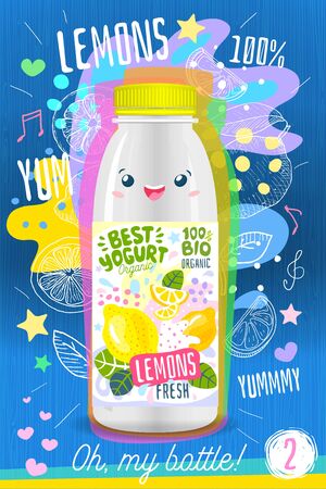 Abstract splash, cute yogurt bottle label template, advertising poster. Fruits, organic, yogurt, milk package design. Lemon, slice Drawing vector illustrationのイラスト素材