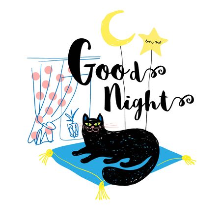 Good night cute smile black cat with moon and cute star.のイラスト素材