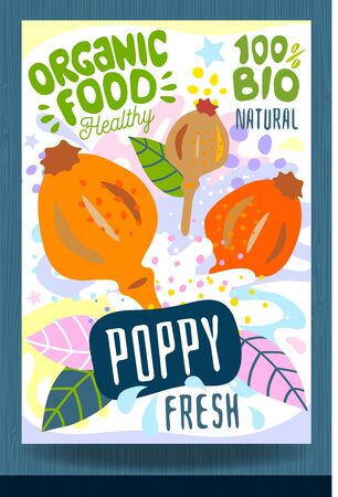 Abstract splash Food label template. Colorful brush stroke. Nuts, vegetables, herbs, spices, package design. Poppy. Organic fresh Vector illustrationのイラスト素材
