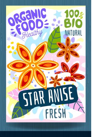 Abstract splash Food label template. Colorful brush stroke. Nuts, vegetables, herbs, spices, package design. Star anise. Organic fresh Vector illustrationのイラスト素材