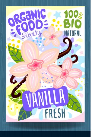Abstract splash Food label template. Colorful brush stroke. Nuts, vegetables, herbs, spices, package design. Vanilla flowers, sticks. Organic fresh Vector illustrationのイラスト素材