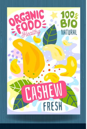 Abstract splash Food label template. Colorful brush stroke. Nuts, vegetables, herbs, spices, package design. Cashew. Organic fresh Vector illustrationのイラスト素材