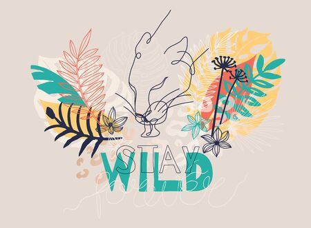 Abstract art wild cat silhouette hand drawn with continuous line. Simple tropical palm leaf background drawing. Hand drawn vector character line art illustrationのイラスト素材
