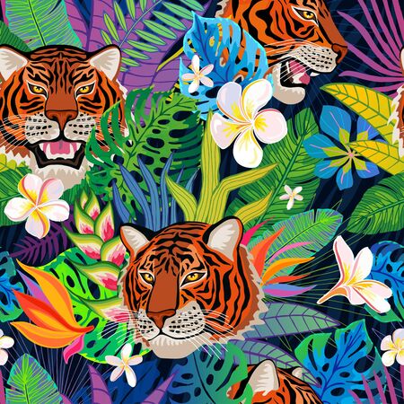 Seamless pattern. Red tiger head roar wild cat in colorful jungle. Rainforest tropical leaves background drawing. Fashion textile, fabric. Tiger stripes hand drawn vector character art illustrationのイラスト素材