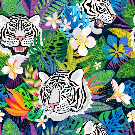Seamless pattern. White tiger head roar wild cat in colorful jungle. Rainforest tropical leaves background drawing. Fashion textile, fabric. Tiger stripes hand drawn vector character art illustrationのイラスト素材