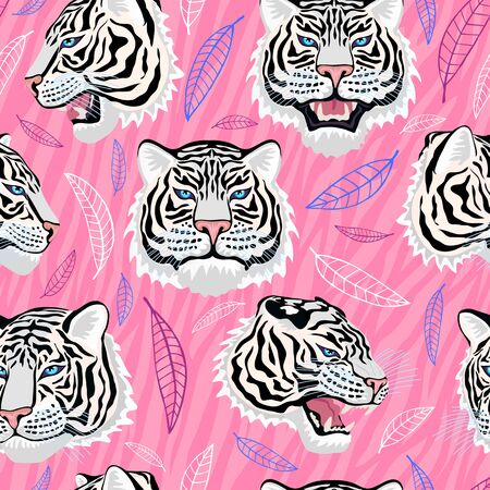 Seamless pattern. White tiger head roar wild cat in colorful jungle. Rainforest tropical leaves background drawing. Fashion textile, fabric. Tiger stripes hand drawn vector character art illustrationのイラスト素材