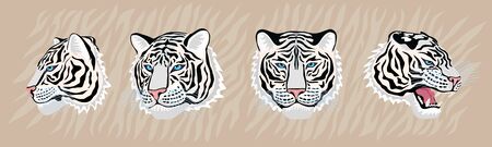 White tiger head roar wild cat in colorful jungle. Tiger stripes background drawing. Hand drawn vector character art illustrationのイラスト素材